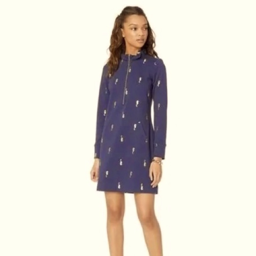 Lilly Pulitzer navy UPF50 Skipper Dress Gold Seahorse print. Sz. S. EUC